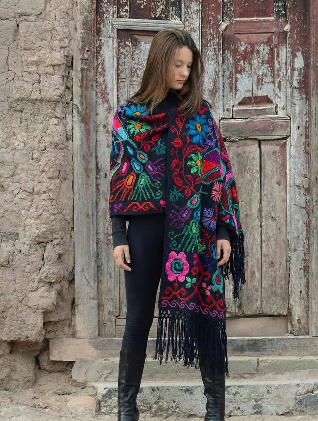 Hand-woven shawl with cross stitch